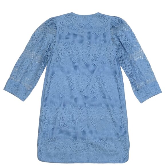 Ganni Lace Mini Dress 38 Placid Blue 3/4 Sleeve Zipper Front Shift MISSING BELT - Picture 11 of 12